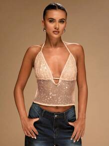 SHEIN BAE Áo hở lưng sequin gợi cảm cho nữ, mùa hè - Màu Khaki - Xem 4
