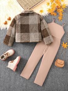 Sparklyn 2 件套年轻女孩格子毛绒长袖夹克和背带裤，休闲装 - 彩色 - 查看 2