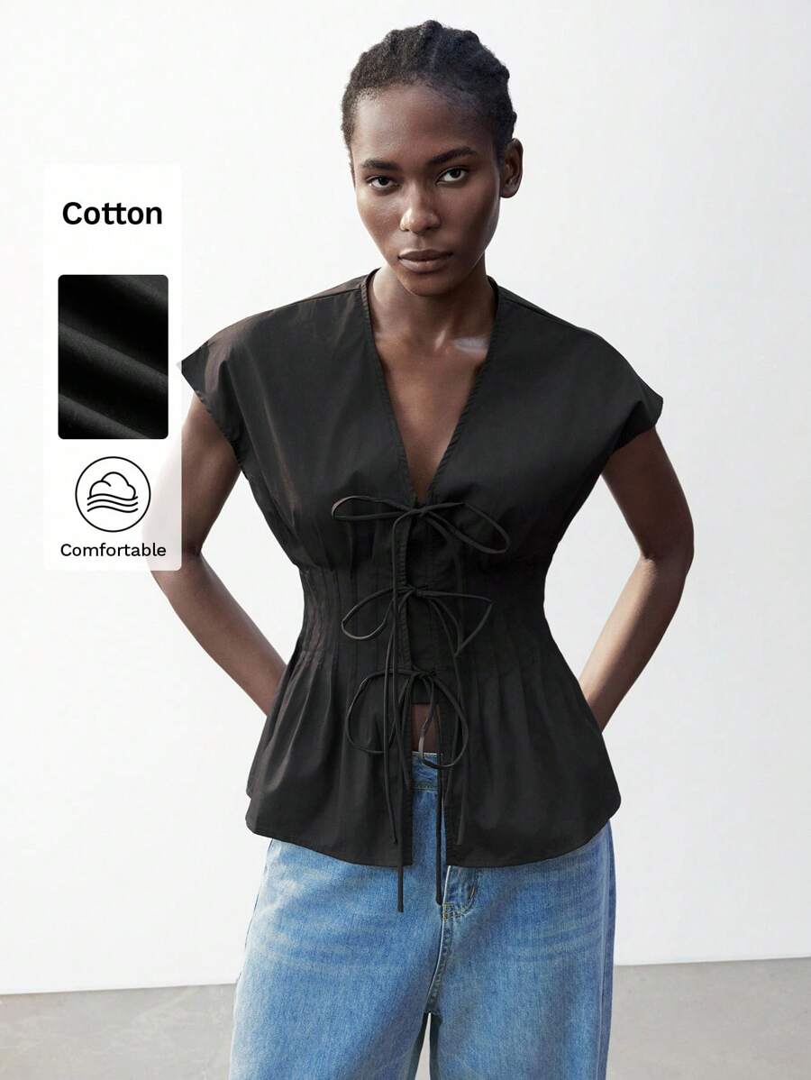 Maija New Spring/Summer Black Front Tie Bow Waist Pleated Shoulder Blouse For Women - Black - View 1