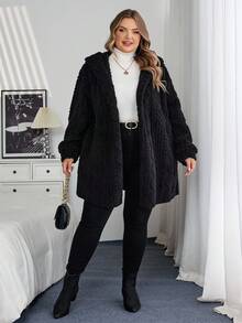 SHEIN CURVE+ Áo khoác hoodie len pha trộn họa tiết màu đen cỡ lớn dành cho nữ, dành cho mùa đông/thu/đông - màu đen - Xem 5