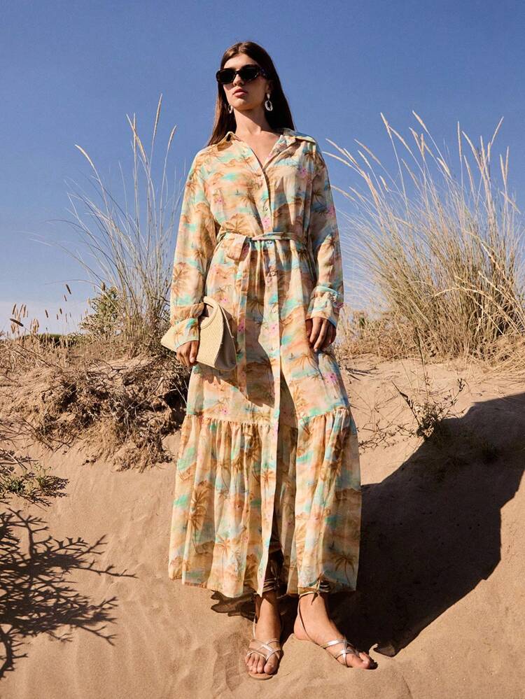 SHEIN Maija Holiday Island Coconut Tree Printed Women's Long Sleeve Shirt Collar Ruffled Hem Long Dress, Loose, Comfortable And Breathable, Can Be Worn Alone In Autumn For Sun Protection, Or As A Cardigan.