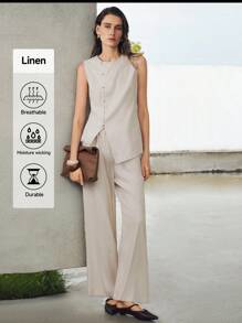 Uhlyne Uhlyne Women's Linen Asymmetrical Hem Button-Front Cardigan & Matching Pants Set,Beige,Summer,Chic,Brunch Vacation Style Solid Color Casual Work Wear - Apricot - View 7