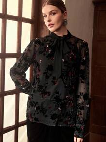 ZEYLAH Women's Long Sleeve Elegant Floral Jacquard Keyhole Top, Autumn/Winter - Black - View 4