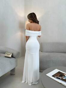 Jemour Women's Mesh Off Shoulder Ruched Waist Dress, Elegant For Wedding, Date Night - White - View 2