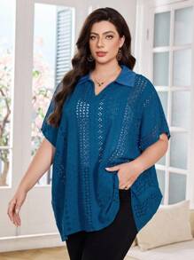 Lacomfia Embroidered Hollow Out Fashionable Loose Comfortable Turndown Collar Batwing Sleeve Versatile Blue Plus Size Shirt - Blue - View 5
