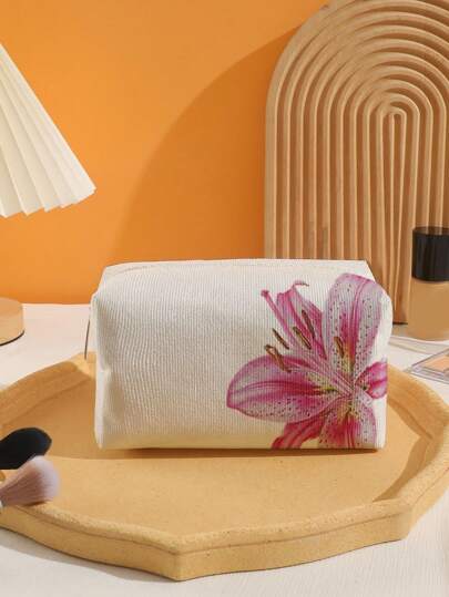 Fairycore White Base Pink Lily Floral Pattern Octagonal Velvet Makeup Bag