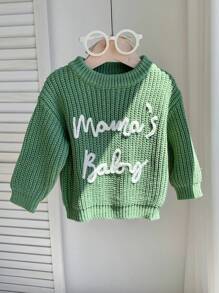 SHEIN 男婴柔软舒适休闲百搭可爱字母图案绿色圆领长袖套头衫，适合室内、户外、休闲、运动、玩耍、派对、拍照、度假、四季针织套头衫，秋冬季 - 綠色 - 查看 6