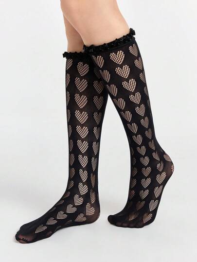 Kawaii Women's Ruffle Trim Heart Hollow Out Design Fashion Socks