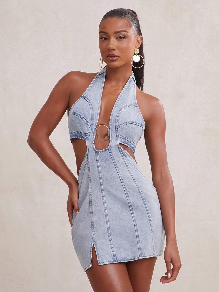 NYA SZN 牛仔深 V 露背夏季连衣裙度假特别活动西部音乐会音乐节优雅假期春假早午餐毕业典礼新娘婚礼宾客 - 淺色水洗藍 - 查看 1