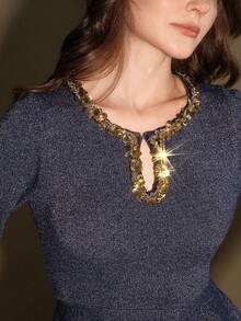 Anewsta 女士两件套：优雅亮片滴落领荷叶边上衣和弹力腰金属色半身裙，适合圣诞节、万圣节、秋冬季、派对、婚礼等场合，时尚别致，适合晚宴穿着。 - 藍色 - 查看 1