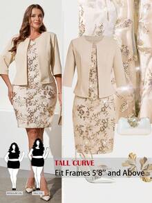 SHEIN Tall CURVE Plus Size Elegant Solid Color Jacket And Sparkly Embroidered Dress 2 Pieces Set - Apricot - View 1