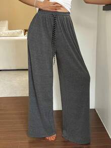 DAZY 简约舒适针织宽松睡裤，女士家居服下装，秋季 - 深灰色 - 查看 4