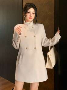 DAZY Women's Autumn/Winter Stand Collar Mid-Length Overcoat Jacket - Apricot - View 6