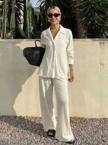 Livesso 2 pièces Ensemble de blouse décontractée et pantalon unicolore pour femmes, tissu texturé