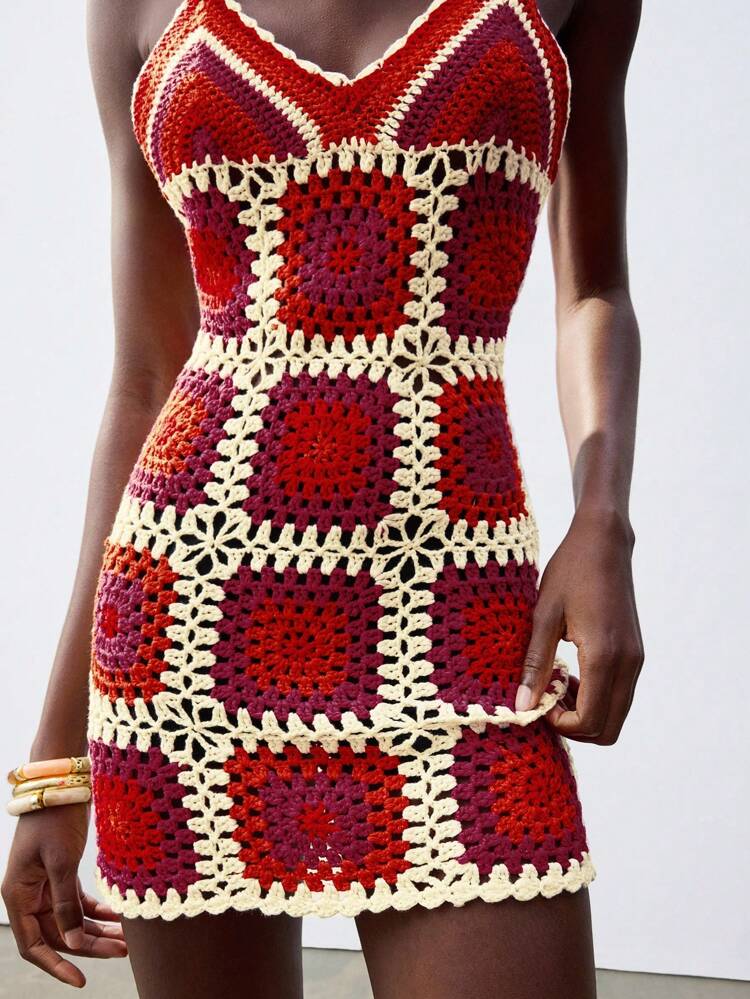 SHEIN Maija Women Plaid Print Spaghetti Strap Casual Sleeveless Sweater Dress,Crochet Maxi Dress