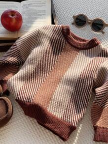 SHEIN Suéter de Tricô de Manga Longa com Gola Careca, Estampa Colorida em Contraste, Macio e Confortável, Adequado para Uso Casual Diário, Interno, Externo, Esportes, Festa, Ensaio Fotográfico, Volta às Aulas, Streetwear, Halloween, Primavera/Verão/Outono/Inverno - Castanho - Visão 3