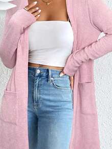 SHEIN Essnce Áo khoác cardigan dệt kim hở mặt trước, thanh lịch tối giản, hai túi dành cho nữ, áo khoác cardigan mùa hè dành cho nữ, trang phục mùa xuân dành cho nữ, áo khoác cardigan mỏng, áo khoác cardigan màu hồng, áo khoác cardigan nữ vào mùa thu/đông - Hồng - Xem 7