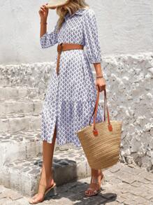 SHEIN LUNE 印花灯笼袖长裙女装 - 紫色 - 查看 5