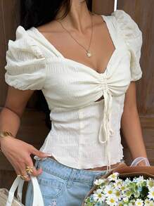 Sunnyshic 女士休闲衬衫，褶皱面料，褶皱设计，正面系蝴蝶结 - 杏色 - 查看 7