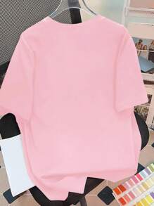 SHEIN LUNE 花卉印花圆领短袖T恤图案T恤女式上衣 - 淺粉色 - 查看 2