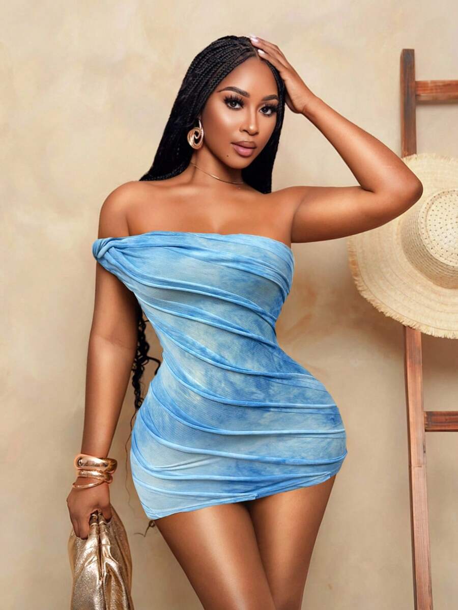 BamGleam 女士时尚休闲扎染露肩性感迷你连衣裙