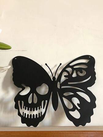 Goth 1pc Metal Skull Butterfly Wall Decor - Iron Hanging Ornament For Garden, Living Room, Gothic Home Decor, Spooky Party Supplies, Rustic Craft Art