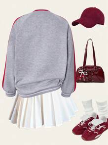 SHEIN Explorewe Streecool KIDS Teenager Girls Autumn/Winter Casual Comfortable Fashion Versatile Sweet Cool Sports Campus Style Design Simple Letter Print Patchwork Contrast Color Crew Neck Sweatshirt & Solid Color Pleated Skirt 2 Pieces Set