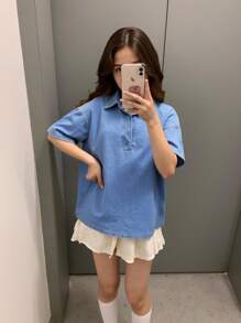 Koszula dla nastolatek w stylu vintage vintage old money w kolorze niebieskim, dżinsowa, z kołnierzykiem z klapami i zamkiem błyskawicznym, luźna, na jesień, na powrót do szkoły i na co dzień - Średni jeans - Zobacz 4