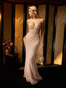 MOTF Soiréza BEADED STRAPS BONED CORSET MERMAID EVENING DRESS - Champagne - View 2