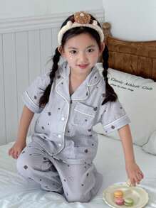 Dazy Kids Young Girl Cartoon Bear Short Sleeve Button-Up Top And Pants Pajama Set - Multicolor - View 3