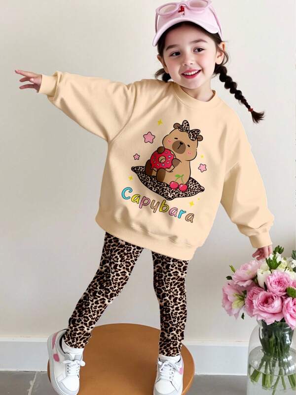 Conjunto de 2 piezas de sudadera de cuello de tripulación de manga larga y leggings con estampado de leopardo en estilo lindo, amable y retro para niña joven, ideal para el otoño/invierno y la vuelta al colegio, en estilo Y2K