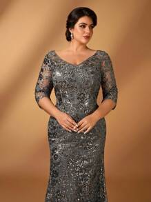 Serin Robe sirène à col V gris foncé élégante et luxueuse en maille sequins et dentelle brodée avec manches évasées. Convient pour les événements formels, les fêtes, les sorties, les vacances, les mariages, la mère de la mariée (grande taille)