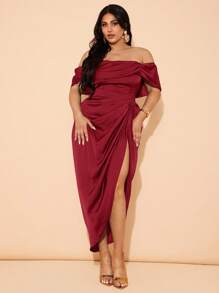 SHEIN BAE 大码女式优雅垂坠中长连衣裙，适合婚礼、伴娘、鸡尾酒会 - 酒紅色 - 查看 1