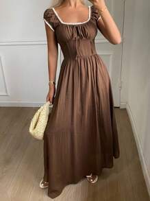 Livesso Women's Contrast Color Off Shoulder Ruffle Front Tie Dress, Fashion Dress - Brown - View 4