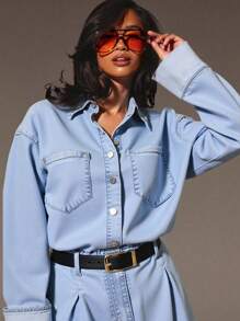 SHEIN Tall Women's Basic Fall Casual Washed Wide Leg Denim Jumpsuit Business Casual Woman Denim Jumpsuit Light Blue Denim Jumpsuit - Blue - View 3