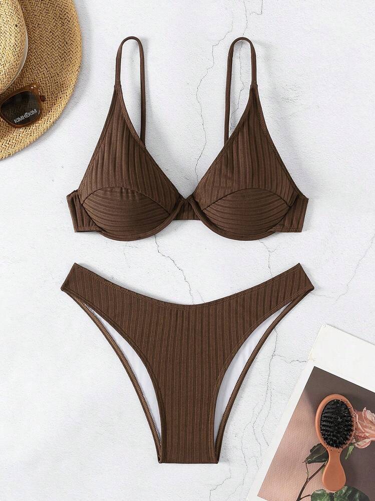 Swim Basics Summer Beach Solid Color Two-Piece Bikini Set Bathing Suit - Coffee Brown - View 3