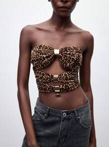 Maija Women Leopard Print Asymmetrical Hollow Out Cami Top,Shades Of Brown Summer Chic Club Night Metal Decoration Sleeveless Cropped Top,Y2K Street Style - Coffee Brown - View 6