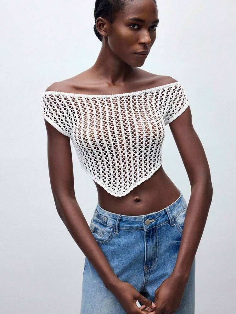 SHEIN Maija Women's Beige Knitwear Crop Sweater: Casual Boat Neck Cap Sleeve Asymmetrical Hem Top