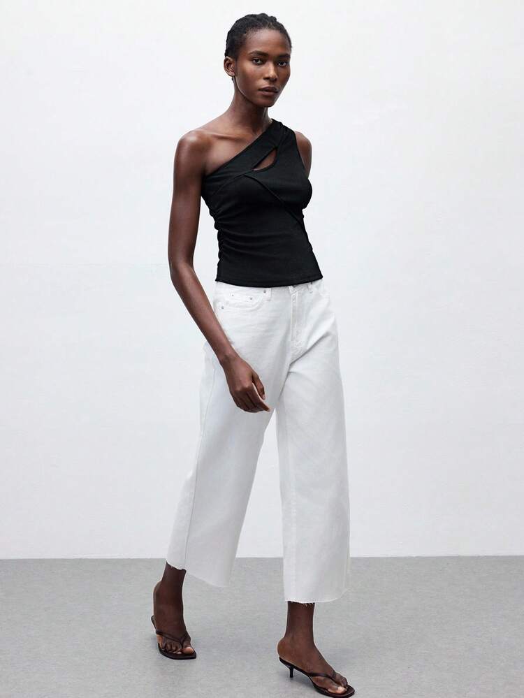 SHEIN Maija 2025 Summer New Arrivals Black Asymmetric Cutout Hollow Design Asymmetrical Neck Sleeveless Top, Fashion Casual Chic Urban Elegant Romantic Office/Business/Party/Beach/Music Festival/Wedding Guest/Brunch/Retro Street Style/Back To School Autumn, Y2K, Going Out