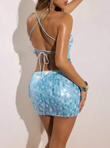 Opulessa 时尚露背上衣，淡蓝色，采用独特的结饰和不对称下摆亮片性感上衣