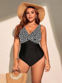 Swim Lushoire Plus Size Women's Summer Beach Vacation Style Patchwork Print Cross Wrap One-Piece Swimsuit - Black and White - View 3