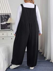 SHEIN CURVE+ Curves Plus Size/Chool Clothes/Back To School Clothes /Back To SchoolPlus Size Women Black Knitted Elastic Fuzzy Ribbed Bib Pants, Suitable For Autumn/Winter Plus Size Jumpsuit 8xl Women Clothes Curvy Jumpsuit Plus Size Overalls 2 Pieces Sets Curvyfall Clothes For Women,Winter,CURVE PLUS