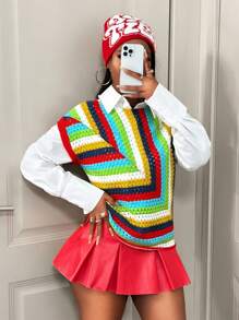 BamGleam Knitted Sweater  New Style Women Knit Top, Casual Sleeveless Knitted Vest, Rainbow Dopamine Design - Multicolor - View 3