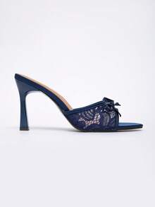 CUCCOO CHICEST New Fashion Versatile Rhinestone Bowknot Strap Stiletto High Heel Sandals For Christmas - Navy Blue - View 8