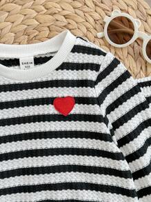 SHEIN Baby Girl Casual Contrast Striped Sweatshirt & Pants Set Toddler Striped Outfit Baby Striped Two Piece Set Knit Striped Baby Clothes Black And White Baby Set Toddler Knit Set Fall Winter