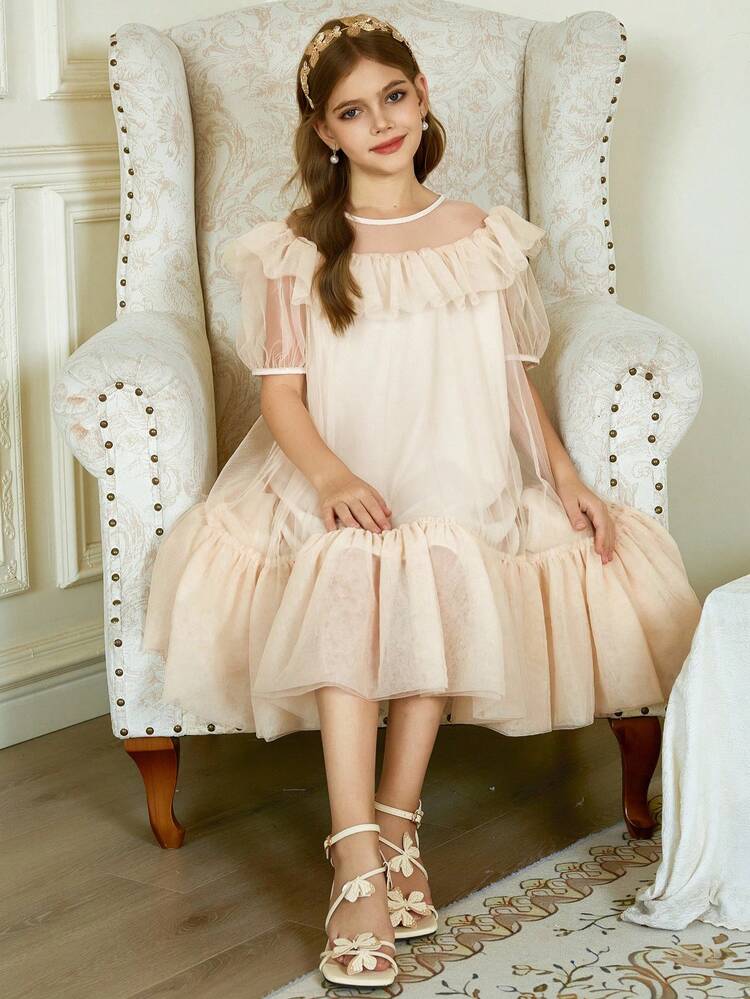 Tween Girl Short Sleeve Mesh Overlay Summer Dress