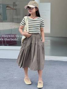 Dazy Kids 女童夏季休闲纯色蝴蝶结装饰A字裙 - 灰色 - 查看 2