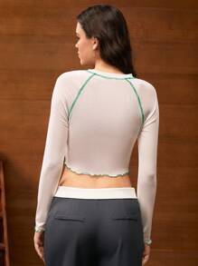 HARRY POTTER X SHEIN Women's Slyther In Snake & Letter Graphic Lettuce Trim Cropped Raglan Sleeve Top Mesh Tops Preppy Back To School, Summer Fall - White - View 2