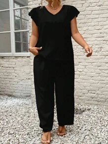 SHEIN Frenchy 2 件套女式加大码波西米亚假日风格纯色上衣和裤子套装，时尚新款春夏服装假日风格音乐节 - 彩色 - 查看 5
