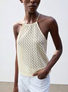Maija Women's Cream White Summer Hollow-Out Crisscross Halter Knit Tank Top,Casual Vacation Bohemian Style,Loose Fit Sleeveless Versatile Holiday Clothing - Apricot - View 3